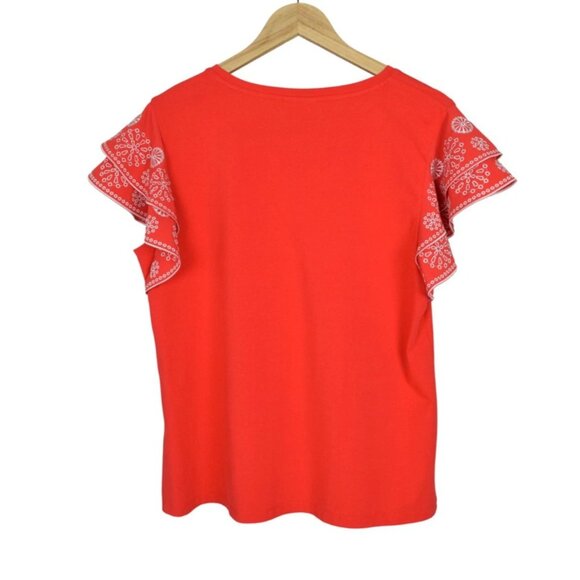 CHICO'S COTTON RED EMBROIDERED FLUTTER SLEEVE TOP - Picture 5 of 7